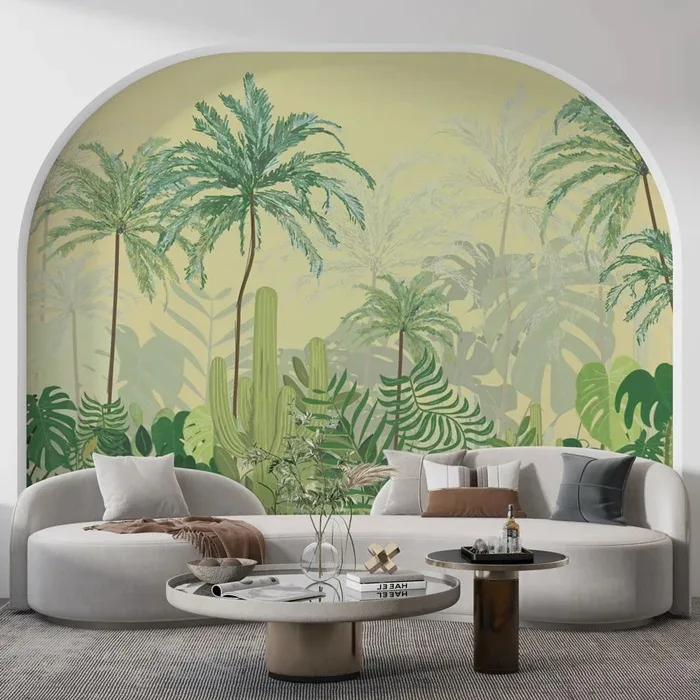 Jungle luxuriante de palmiers et feuillage vert sur fond pastel