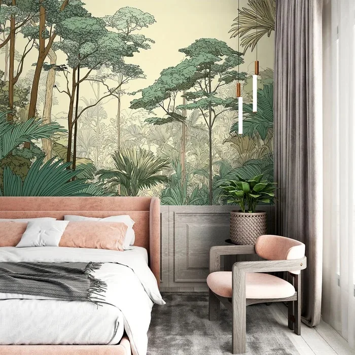Forêt tropicale avec palmiers et arbres élégants