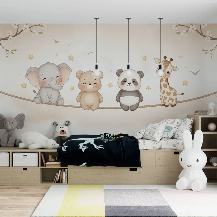 Éléphant, ours en peluche, panda et girafe sur fond doux